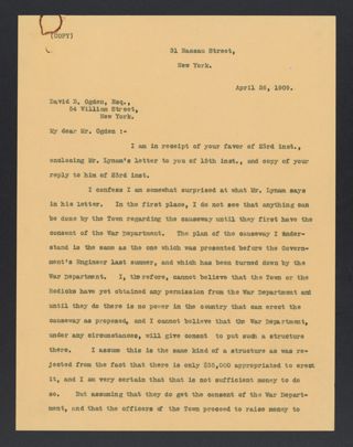John S. Kennedy to David B. Ogden Letter, April 26, 1909