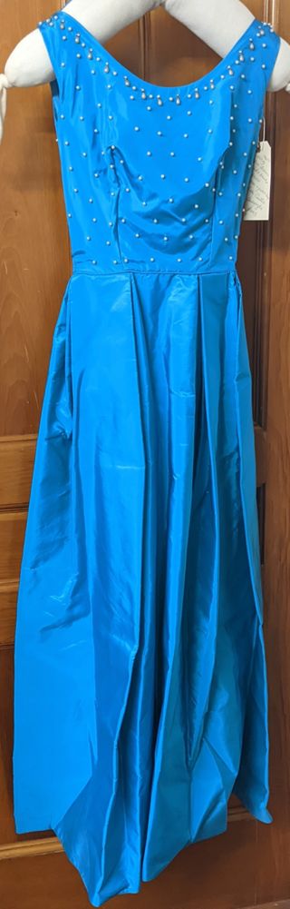 Blue Taffeta Evening Gown with Pearls