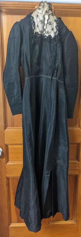 Black Silk Dress with High Neck Lace Collar