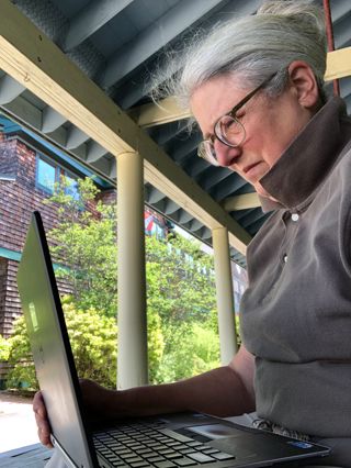 Barbara Meyers selfie on the Gates porch