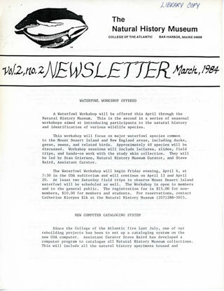 Dorr Museum Newsletter, March 1984