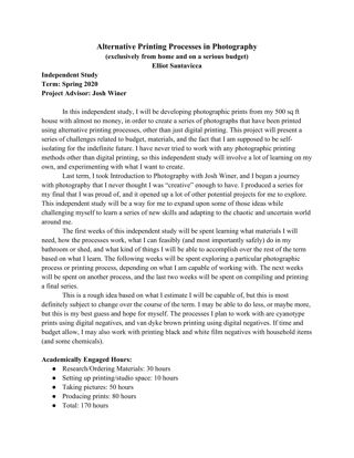 Alternative Printing Processes in Photography (exclusively from home and on a serious budget), Spring 2020 Independent Study Proposal