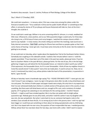 Pandemic diary excerpts from Susan G. Letcher, Professor of Plant Biology