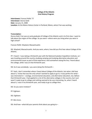 Oral history of Frances Pollitt, transcript