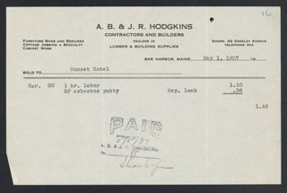 A.B. & J.R. Hodgkins Contractors and Builders Invoice, May 1, 1937