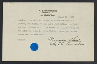 R.C. Masterman Receipt, August 19, 1937