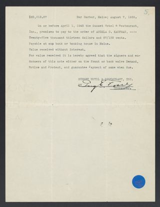 Sunset Hotel and Restaurant and Angela C. Kaufman Contract, August 7, 1935