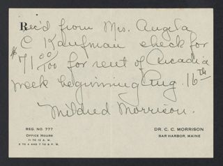 Angela C. Kaufman Rent Receipt, August 16, 1935