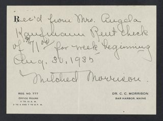Angela C. Kaufman Rent Receipt, August 30, 1935
