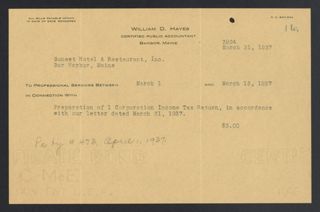 William D. Hayes Invoice, March 31, 1937