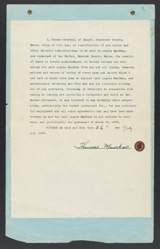 Thomas Mourkas and Angela C. Kaufman Liability Release Agreement, July 26, 1935