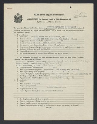 Sunset Hotel and Restaurant Summer Hotel Spirituous and Vinous Liquors License Application Form, June 1938