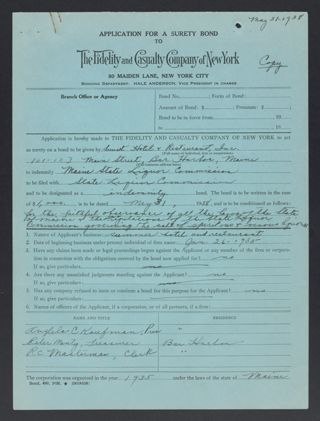 Sunset Hotel and Restaurant Surety Bond Application Form, May 31, 1938