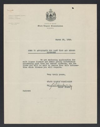 Roland A. Scribner to Applicants for Part Time and Summer Licenses Letter, March 28, 1938
