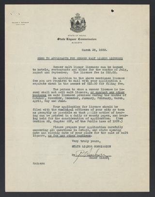 Roland A. Scribner to Applicants for Summer Malt Liquor Licenses Letter, March 28, 1938
