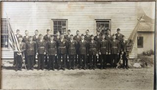 American Legion men standing next to the Firehouse, Northeast Harbor