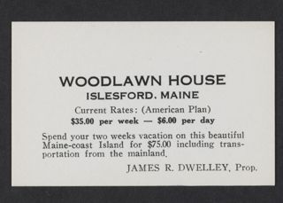 Woodlawn House Business Card, undated