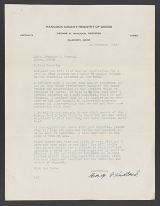 Letter from George Hadlock to Francis G. Fernald