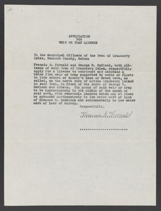 Weir or trap license application, February 25, 1944