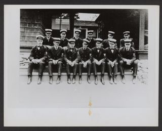 Otter Cliffs Radio Station Officers Sitting on Steps Print