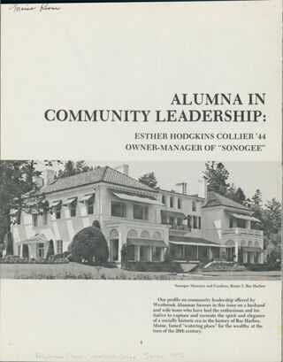 Alumna in Community leadership: Esther Hodgkins Collier `44 Owner-Manager of `Sonogee`