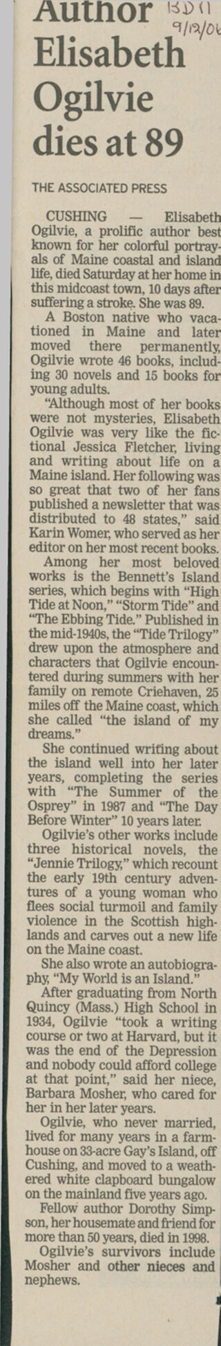 (Ogilvie, Elizabeth) Author Elizabeth Ogilvie Dies at 89
