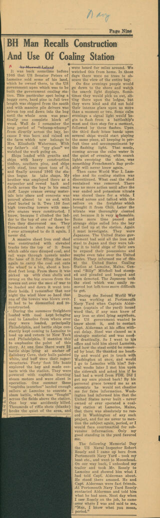 Bar Harbor Man Recalls Construction and Use of Coaling Station