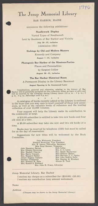 The Jesup Memorial Library Exhibitions Flier, 1946