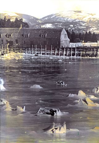 Negative and print of Lewis Stanley boatyard in winter