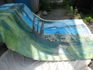 Mural seascape with mountains and schooners