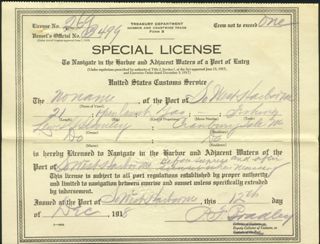 License to Navigate Vessel Lewis G. Stanley 1918