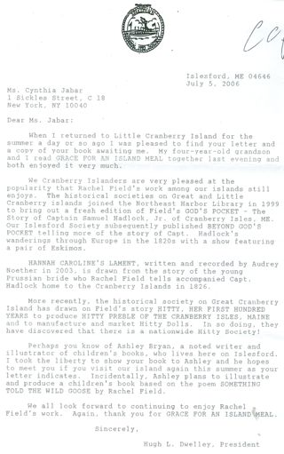 Correspondence between Hugh Dwelley and Cynthia Jabar about the work of Rachel Fields.