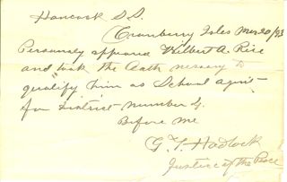 Hadlock - Gilbert T. Hadlock corresponds with Hancock D.A about Wilbert A. Rice.