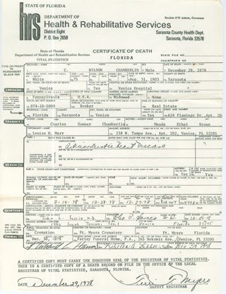 Chamberlin - Clarence Wilson Chamberlin Certificate of Death.