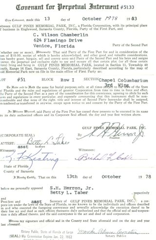 Chamberlin - Clarence Wilson Chamberlin Covenant for Perpetual Interment