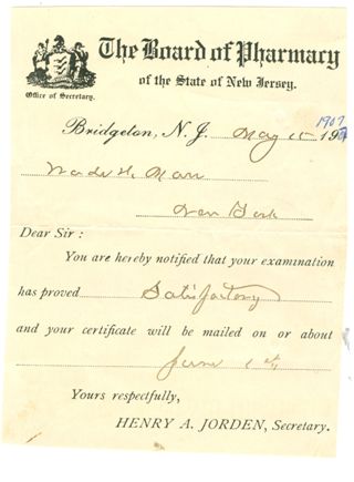 The Board of Pharmacy of the State of New Jersey Certificate