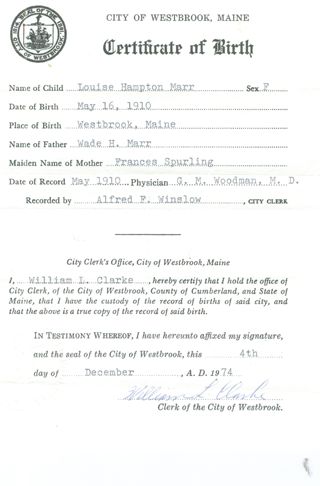 Marr- Louise H. Marr Certificate of Birth.