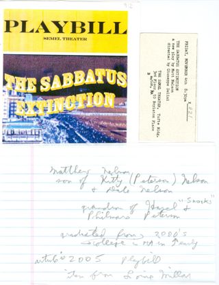 Playbill and ticket for "The Sabbatus Extinction"