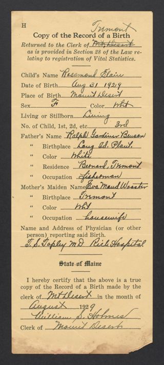 Rosamond Elaine Benson Record of Birth, August 31, 1929