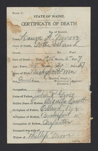 Laura A. Moore Death Certificate, May 1915
