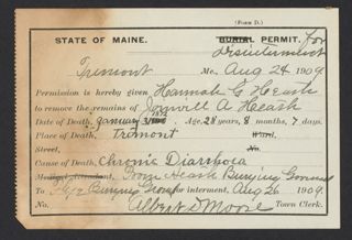 Joinville Heath Permit for Disinterment, August 24, 1909