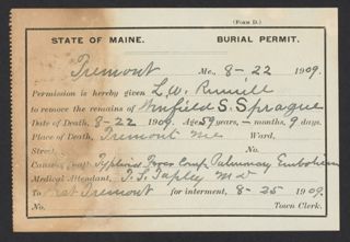 Winfield S. Sprague Burial Permit, August 22,1909
