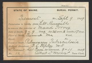 Maud Torrey Burial Permit, September 9, 1909