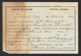 Charles W. Thurston Burial Permit, December 29, 1909
