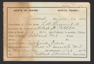 Robert H. Pattle Burial Permit, January 23, 1910