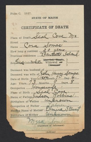 Cora Somes Death Certificate, April 1928