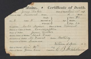 James Tinker Death Certificate, April 1893