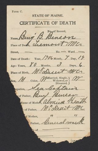 Benjamin B. Benson Death Certificate, July 20, 1906