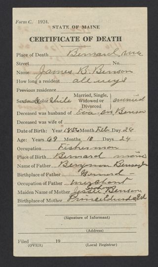 James B. Benson Death Certificate, January 1926