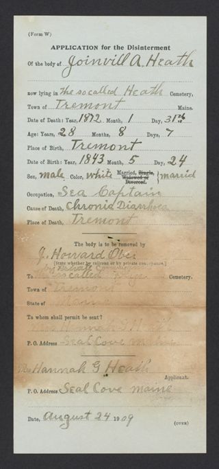 Joinville A. Heath Application for Disinterment Form, August 24, 1909